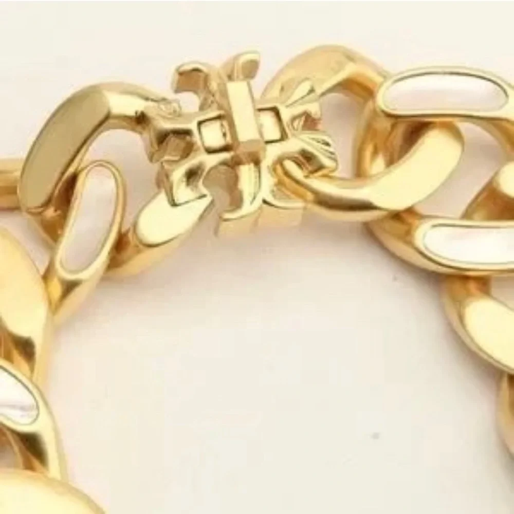 Authentic TORY BURCH Roxanne Inlay Chunky Bold Statement Gold Necklace